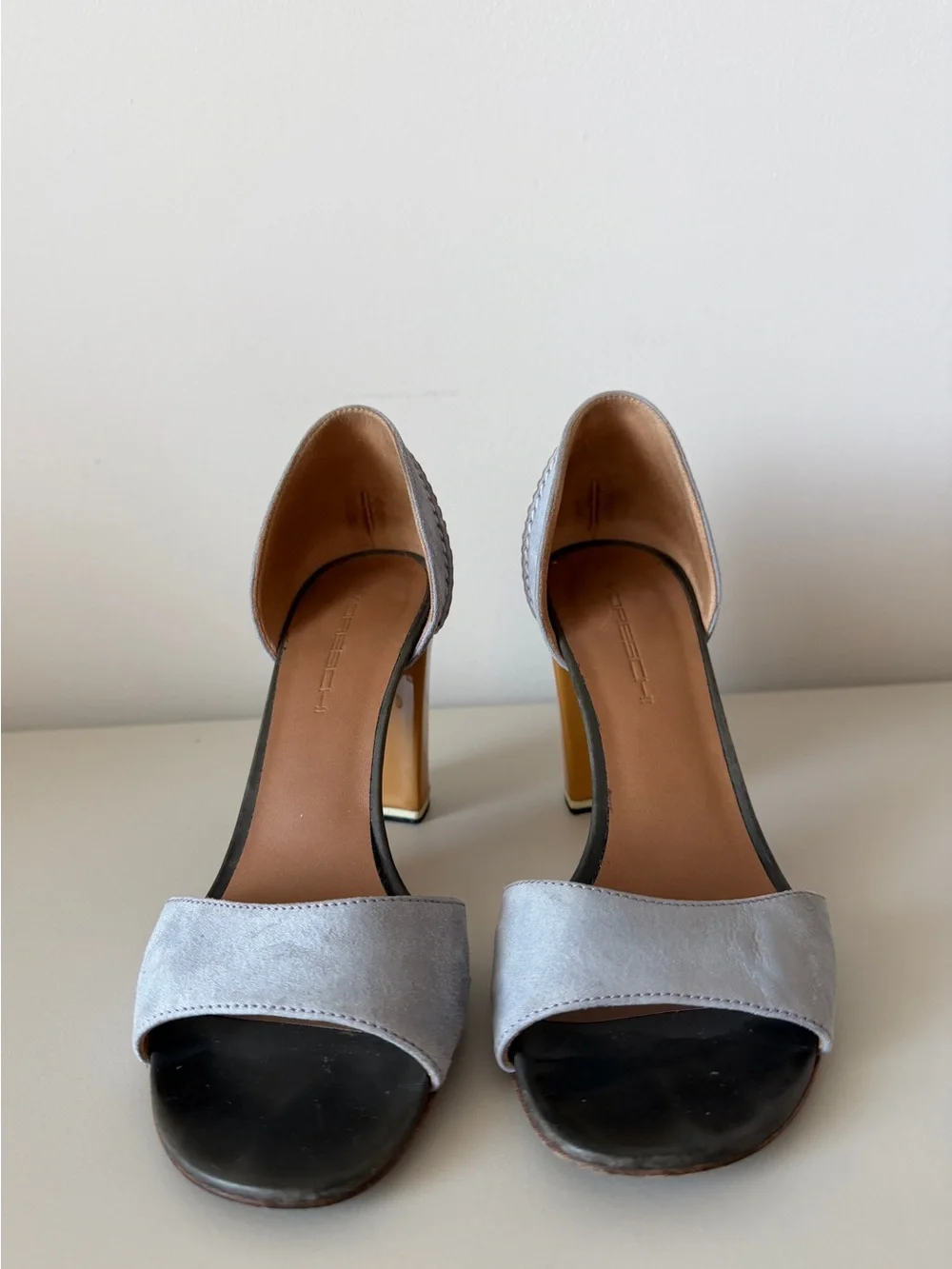Moreschi Italy Dusty Lavender Suede & Mustard Patent Block Heel Sandals Size 36 - Picture 2 of 8